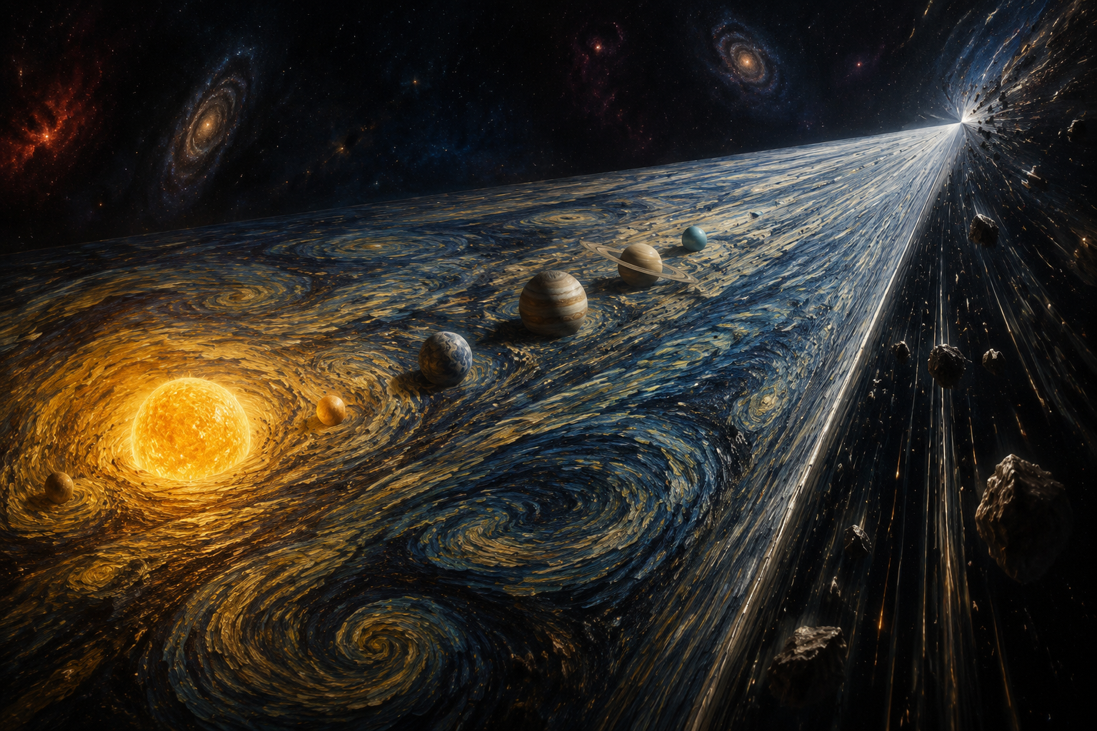 太阳系被二维化后向平面跌落的宇宙景象